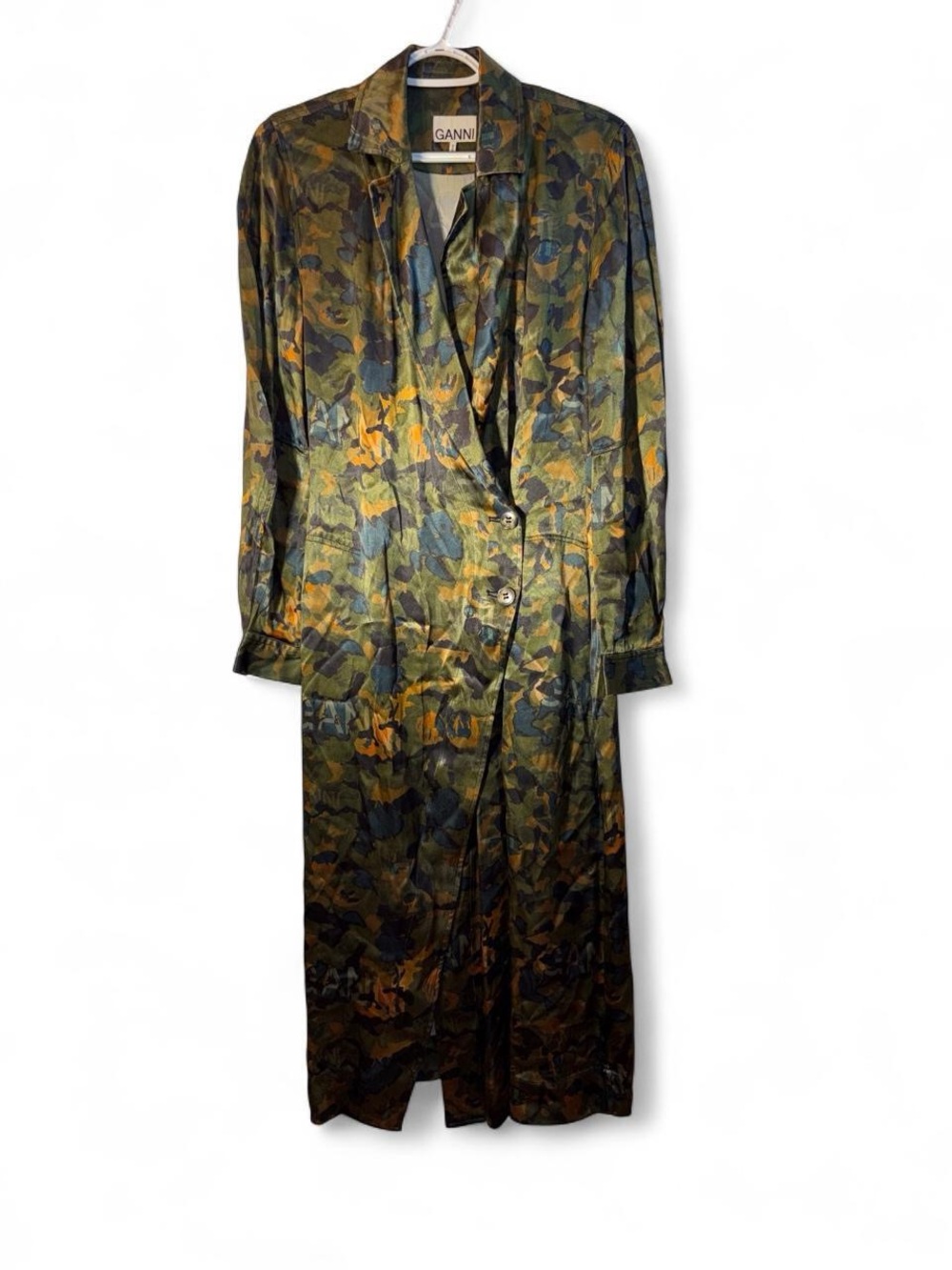 Ganni Satin Camo Wrap Midi Dress - Olive, Black, Brown - Picture 5 of 12